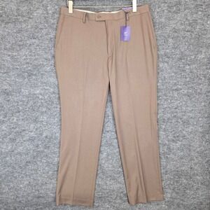 Alan Flusser Pants Mens 38W 32L Taupe Classic Fit Stretch Herringbone Flat Front